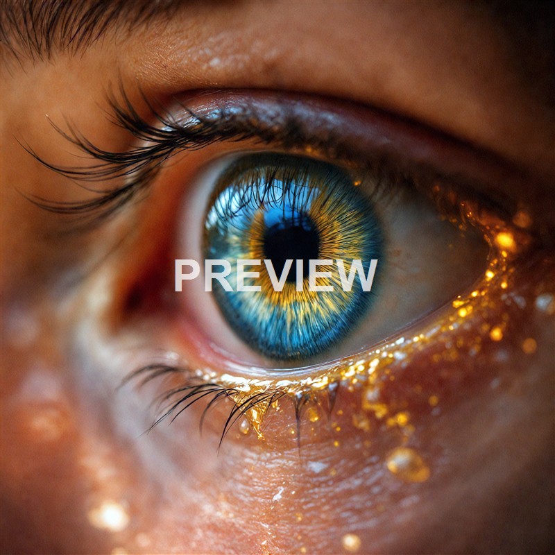 A close-up macro shot of a human eye with a vibrant blue iris, golden accents, and detailed eyelashes, surrounded by some glittering particles on the skin.